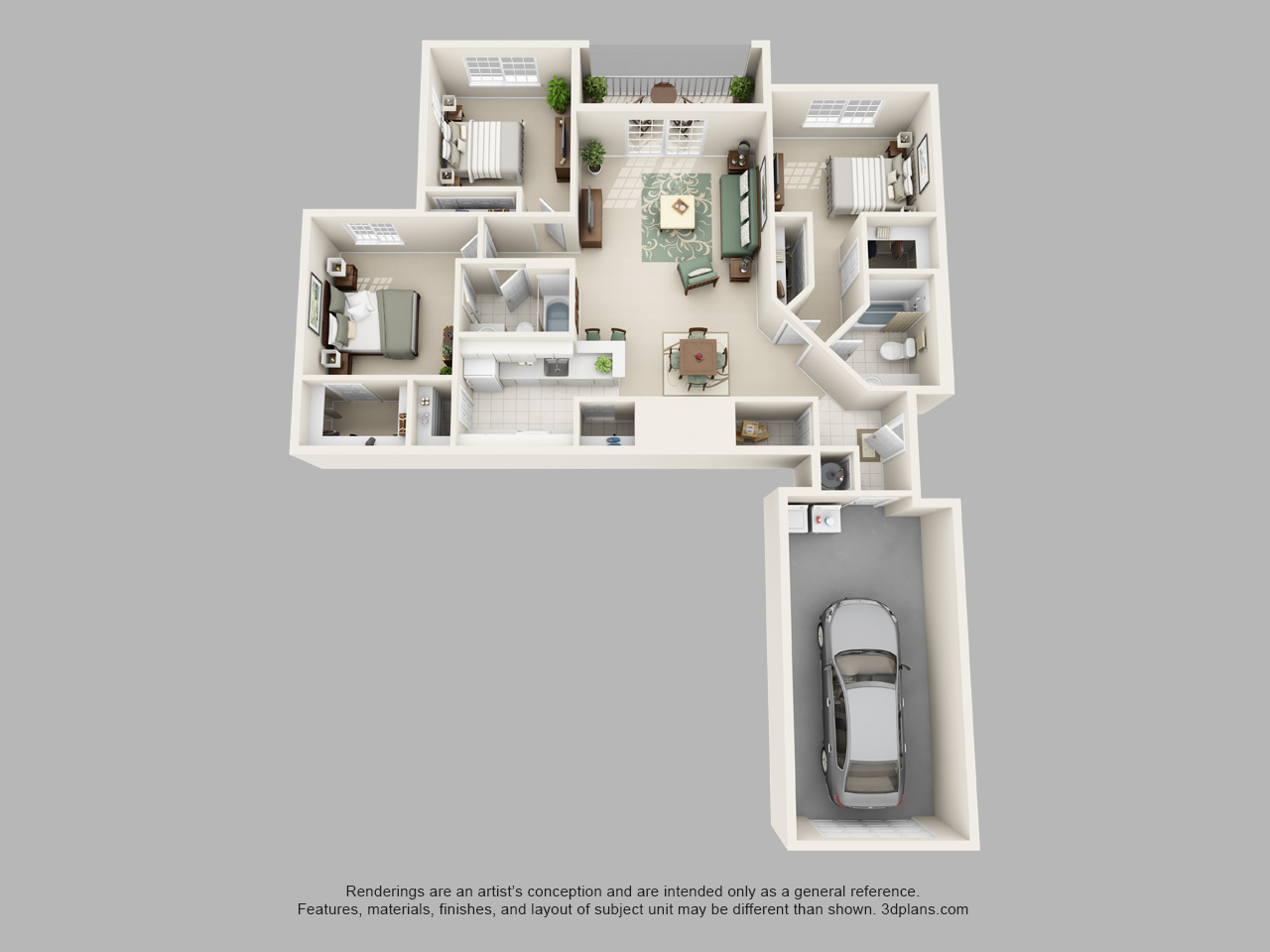 Floor plan for 3 beds, 2 baths, 1309 sqft